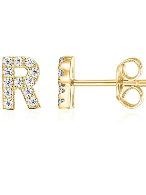 Single , Letter R Brass Cubic Zirconia White Minimalist Stud Single Earring with 26 letters