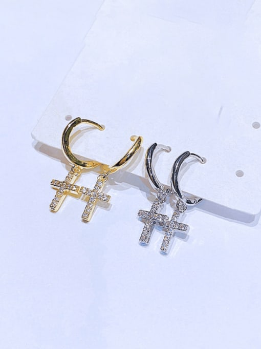 Ming Brass Cubic Zirconia Cross Minimalist Huggie Earring 1