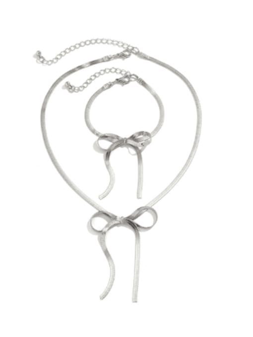 01 White K Set R4818 Alloy Bowknot Tassel Minimalist Threader Earring