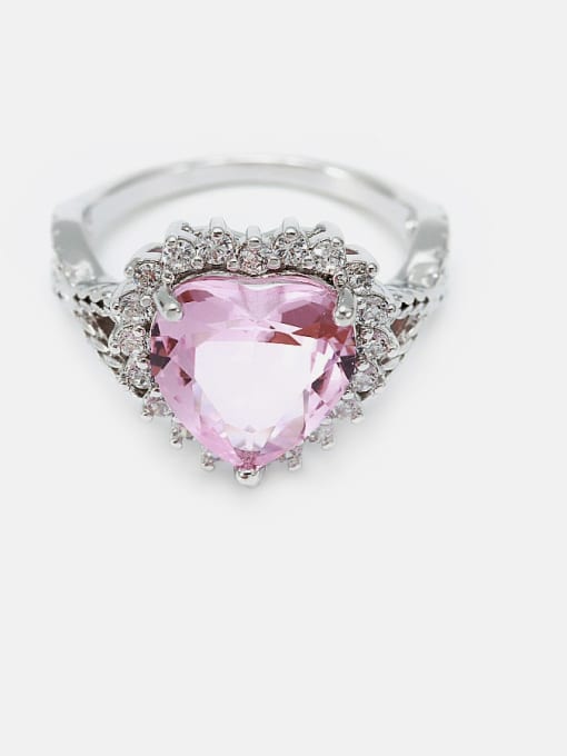 Platinum  pink glass Brass Cubic Zirconia Heart Minimalist Band Ring
