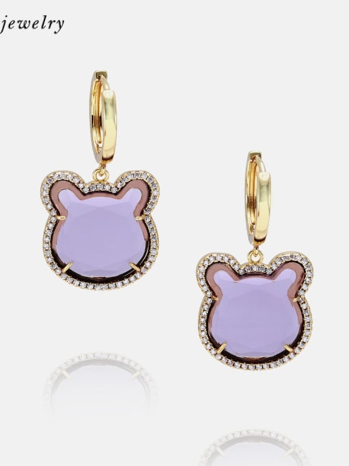 Golden purple Brass Glass Stone Cat Cute Drop Earring