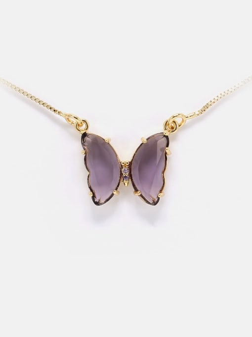 Golden purple Brass Glass Stone Butterfly Minimalist Necklace