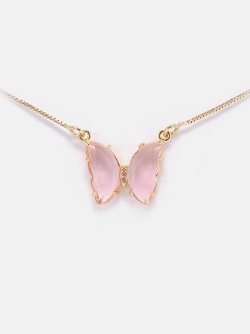 Golden pink Brass Glass Stone Butterfly Minimalist Necklace