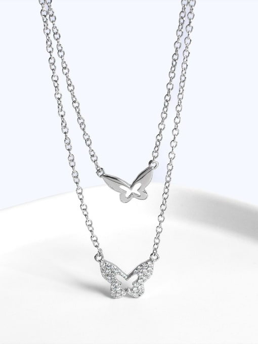 Rhodium Plated 925 Sterling Silver Rhinestone White Butterfly Classic Multi Strand Necklace