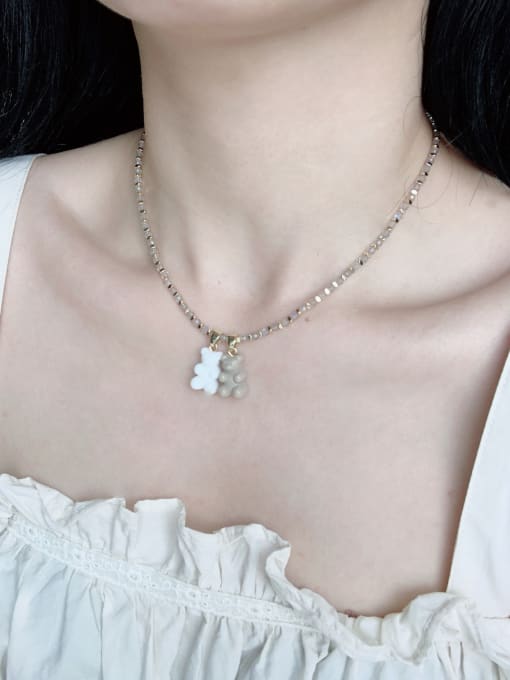 Scarlet White EAR-001 Natural Stone Chain Bear Pendant Cute Handmade Beaded Necklace 1