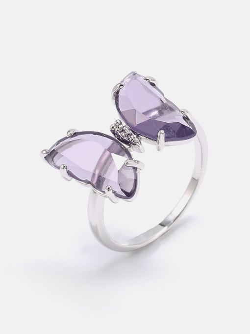 Platinum purple Brass Glass Stone Butterfly Minimalist Band Ring