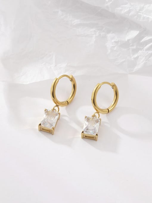 14K Gold, White Stone Titanium Steel Cubic Zirconia Rectangle Classic Hoop Earring