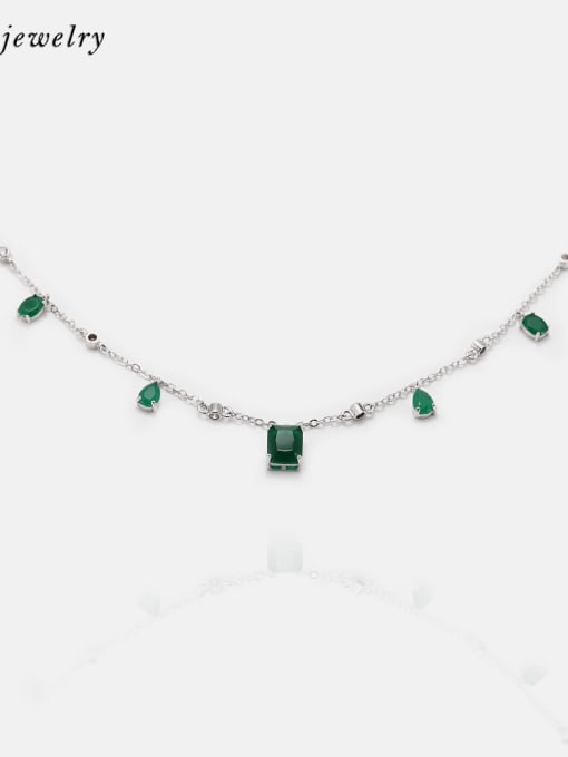Platinum dark green Brass Glass Stone Geometric Minimalist Necklace