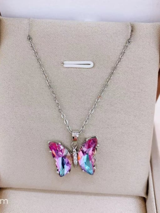 Light Purple Platinum Titanium Steel Cubic Zirconia Butterfly Dainty Necklace
