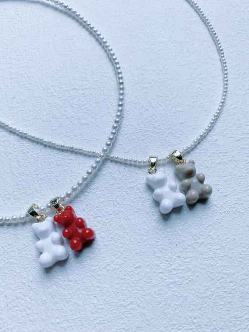 Scarlet White Brass Freshwater Pearl Bear Cute Beaded Necklace 0