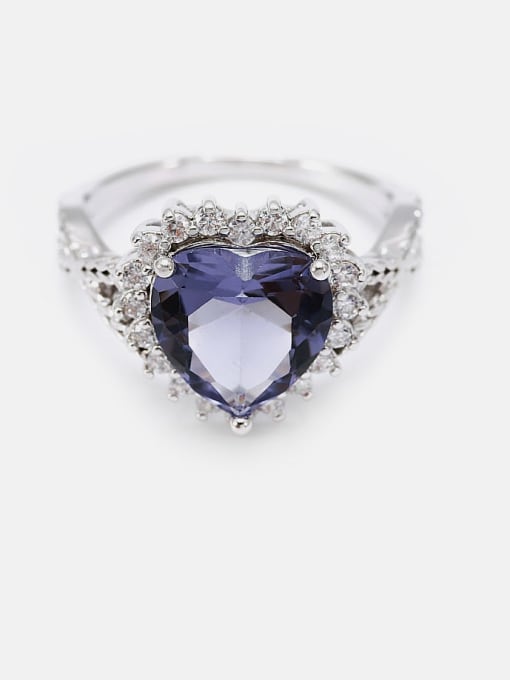 Platinum  purple glass Brass Cubic Zirconia Heart Minimalist Band Ring