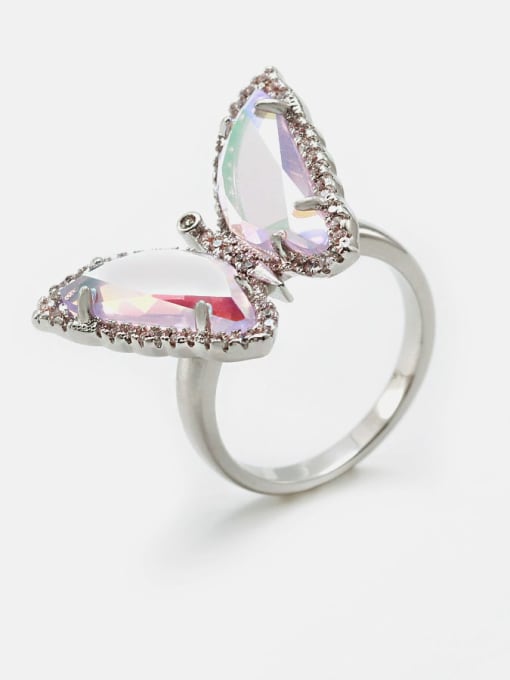 Platinum Pink Brass Glass Stone Butterfly Minimalist Band Ring