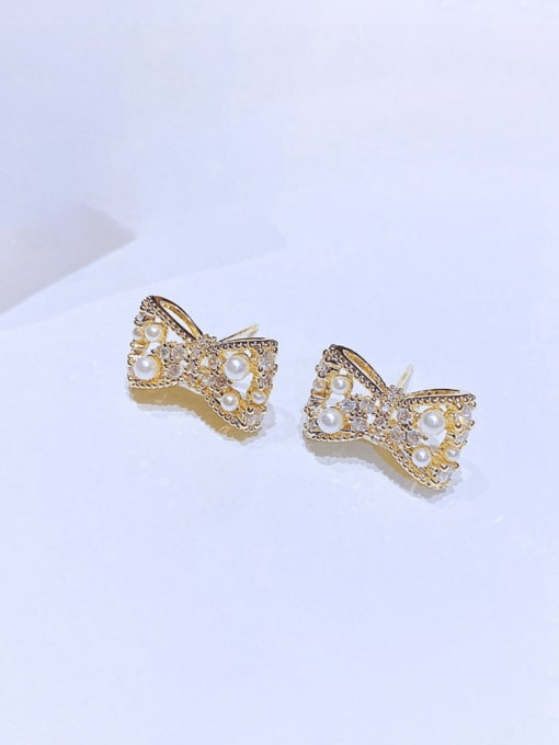 Ming Brass Cubic Zirconia Bowknot Minimalist Stud Earring 1