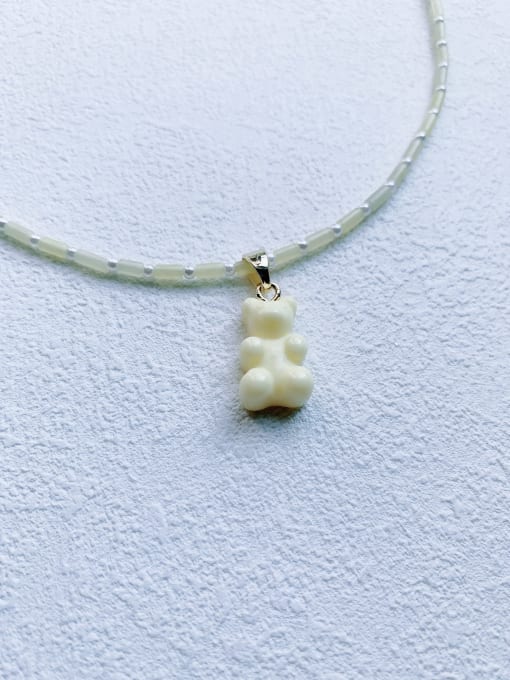 Beige+chian N-BEAR-006 Natural Stone Chain Bear Pendant Cute Handmade Beaded Necklace