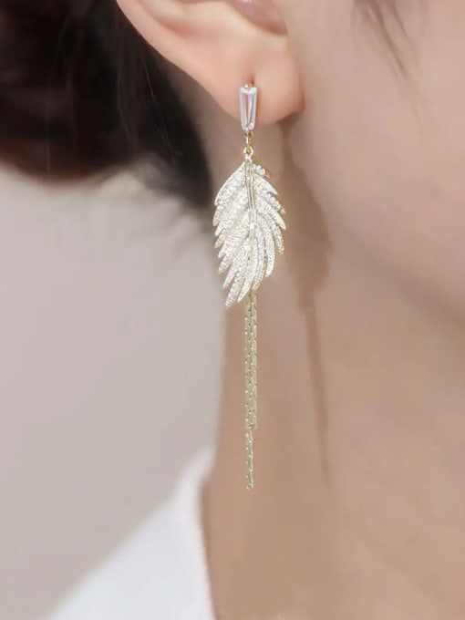 LM Alloy Cubic Zirconia Threader Earring with  Leaves And Silver Needles 1