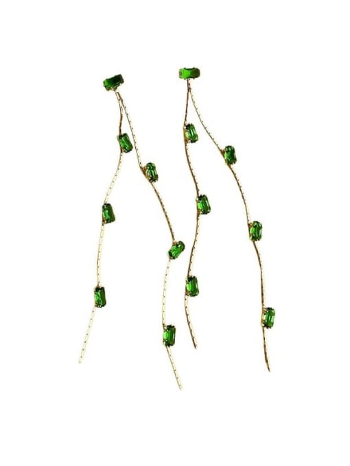 green Brass Cubic Zirconia Geometric Tassel  Minimalist Threader Earring