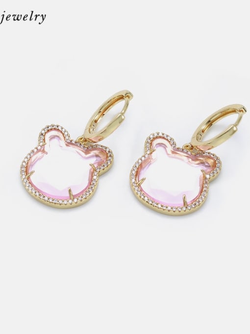 Golden pink Brass Glass Stone Cat Cute Drop Earring