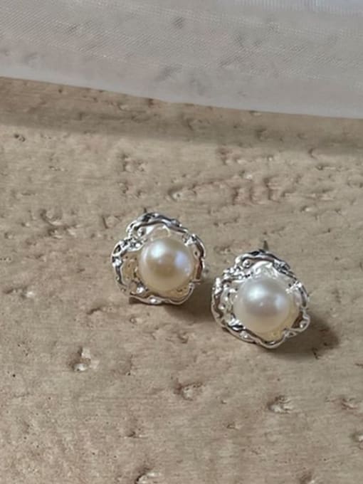 Steel color earrings Alloy Freshwater Pearl Flower Dainty Stud Earring