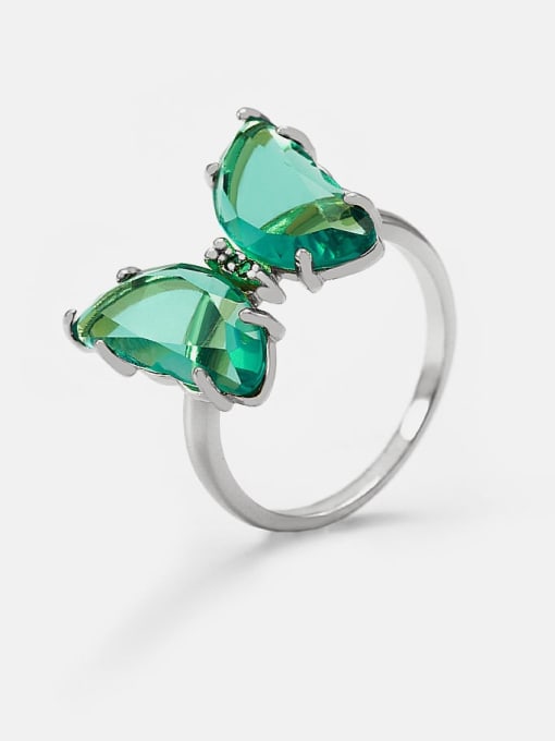 Platinum light green Brass Glass Stone Butterfly Minimalist Band Ring