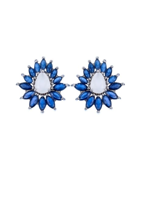 Platinum dark blue Brass Glass Stone Flower Luxury Stud Earring