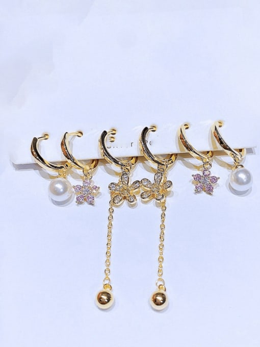 Gold Brass Cubic Zirconia Flower Tassel  Cute Huggie Earring Set