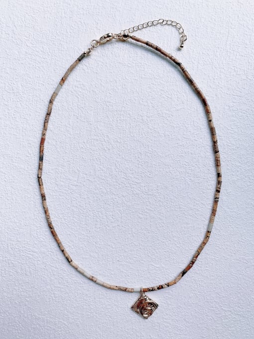Scarlet White Brass Picture Jasper Chain Geometric Pendant Hip Hop Handmade Beaded Necklace 2