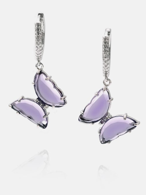 Platinum purple Brass Glass Stone Butterfly Minimalist Huggie Earring