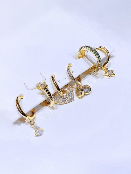 Gold Brass Cubic Zirconia Pentagram Heart Minimalist Huggie Earring
