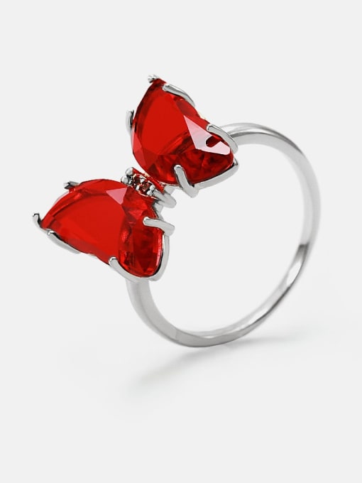 Platinum red Brass Glass Stone Butterfly Minimalist Band Ring