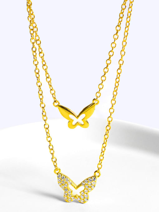 gold Plated 925 Sterling Silver Rhinestone White Butterfly Classic Multi Strand Necklace