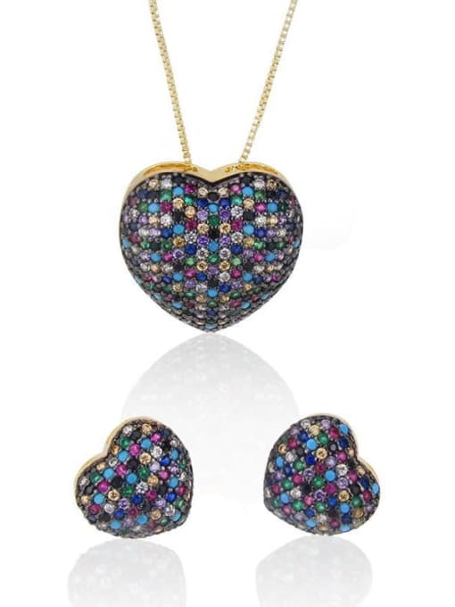 14K gold-plated Heart Brass Cubic Zirconia Earring and Necklace Set