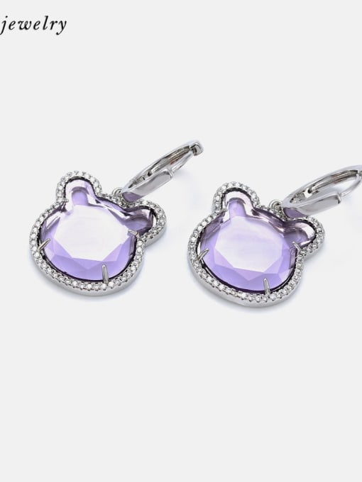 Platinum purple Brass Glass Stone Cat Cute Drop Earring