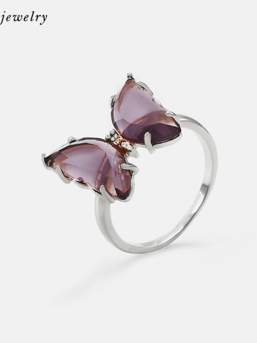 Platinum dream purple Brass Glass Stone Butterfly Minimalist Band Ring