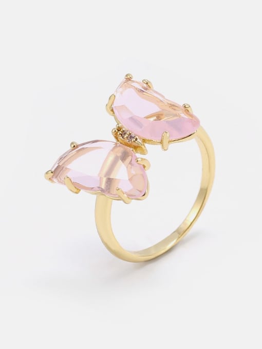 Golden pink Brass Glass Stone Butterfly Minimalist Band Ring