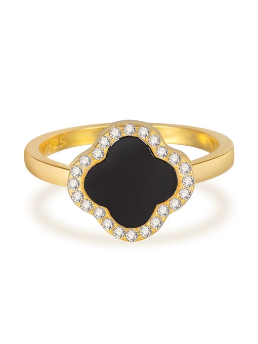 Gold Black Agate Ring 925 Sterling Silver Shell Clover Minimalist Band Ring