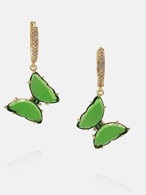 Golden green Brass Glass Stone Butterfly Minimalist Huggie Earring