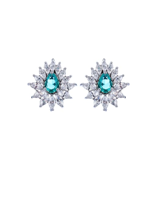 Platinum green Brass Glass Stone Flower Luxury Stud Earring