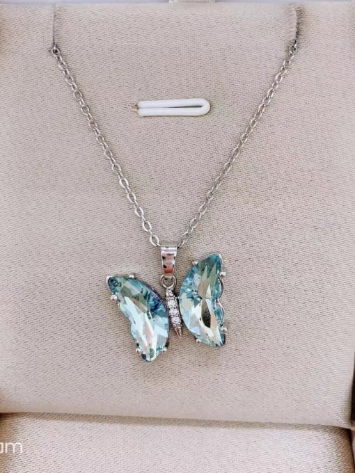 Light blue and Platinum Titanium Steel Cubic Zirconia Butterfly Dainty Necklace