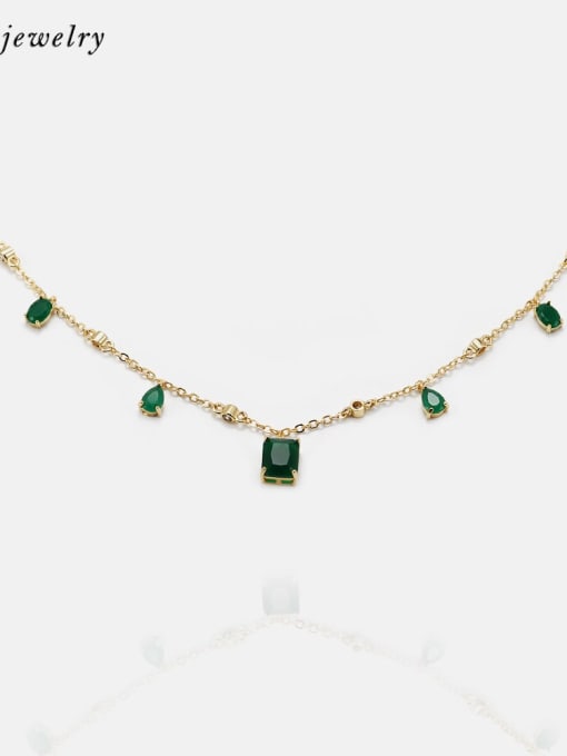 Golden dark green Brass Glass Stone Geometric Minimalist Necklace