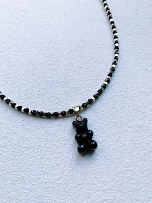 black EAR-002 Natural Stone Chain Bear Pendant Cute Handmade Beaded Necklace