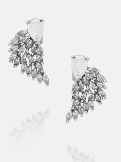 Platinum White Brass Cubic Zirconia Leaf Luxury Stud Earring