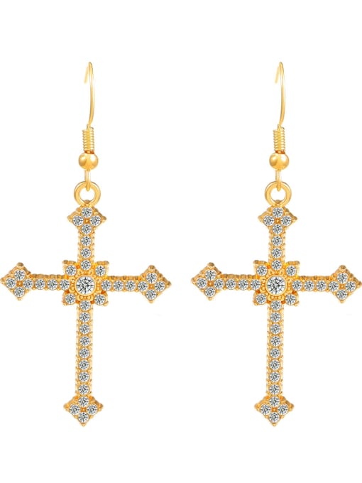 Gold color Zinc Alloy Cubic Zirconia White Cross Drop Earring