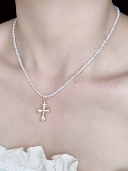 Scarlet White N-DIY-009 Brass Imitation Pearl White Cross Bohemia  handmade Beaded Necklace 1