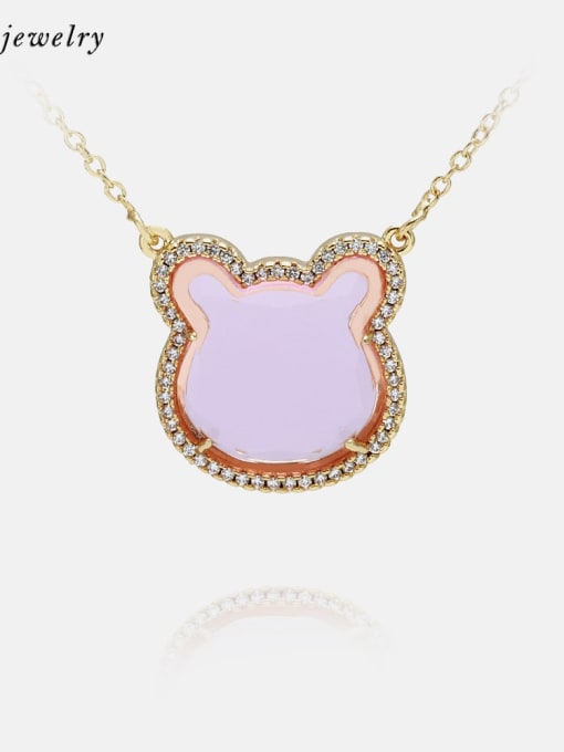 Golden pink Brass Glass Stone Cat Cute Necklace