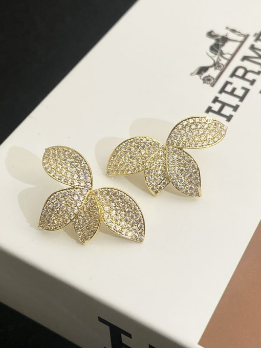 Gold Color Brass Rhinestone Flower Earring