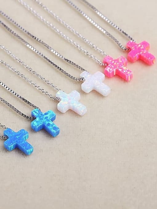 LM 925 Sterling Silver Synthetic Opal Cross Initials Necklace 3