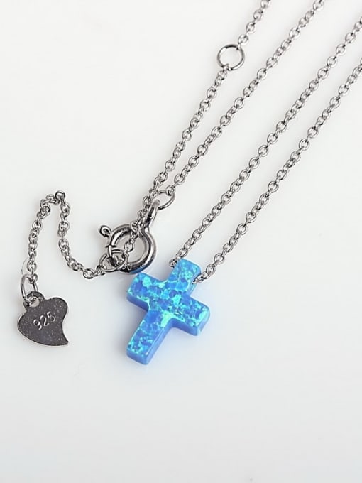 LM 925 Sterling Silver Synthetic Opal Cross Initials Necklace 2