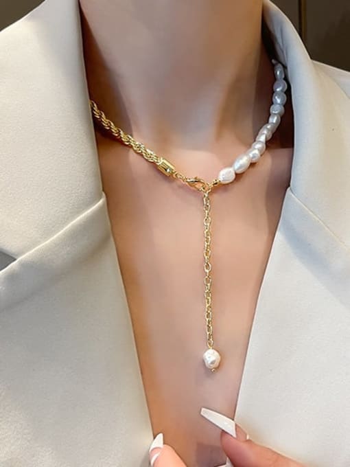 LM Brass Freshwater Pearl Vintage Asymmetrical  Twists Chain Necklace 2