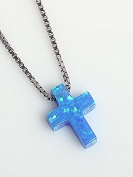 0.8mm Box Chain, Blue Opal Stone 925 Sterling Silver Synthetic Opal Cross Initials Necklace