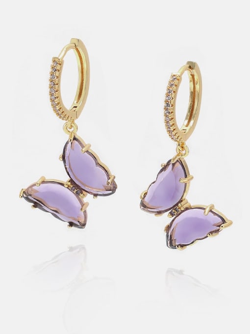 Golden purple Brass Glass Stone Butterfly Minimalist Huggie Earring